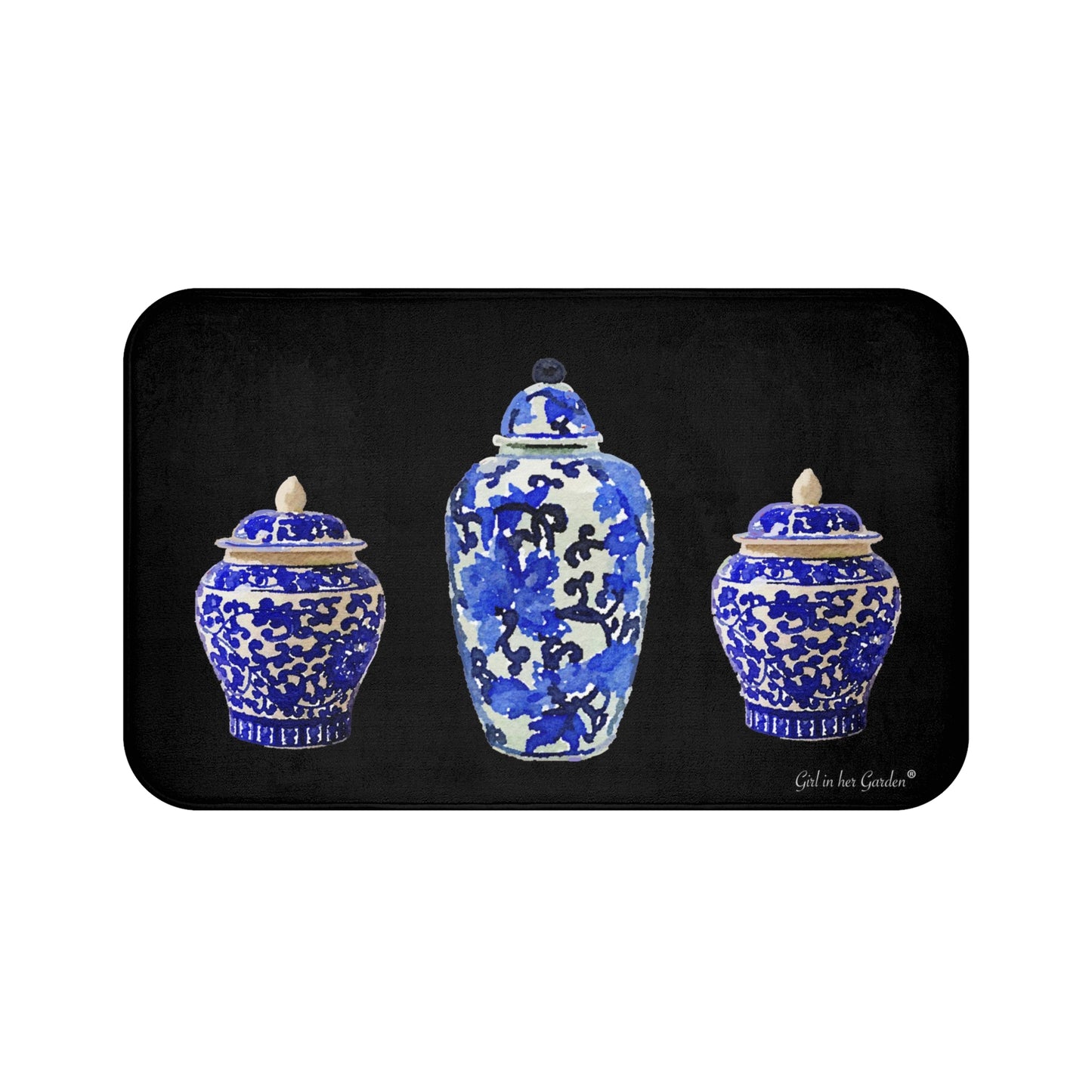 Kitchen, Bath Cushion Mat, Black Chinoiserie Vase