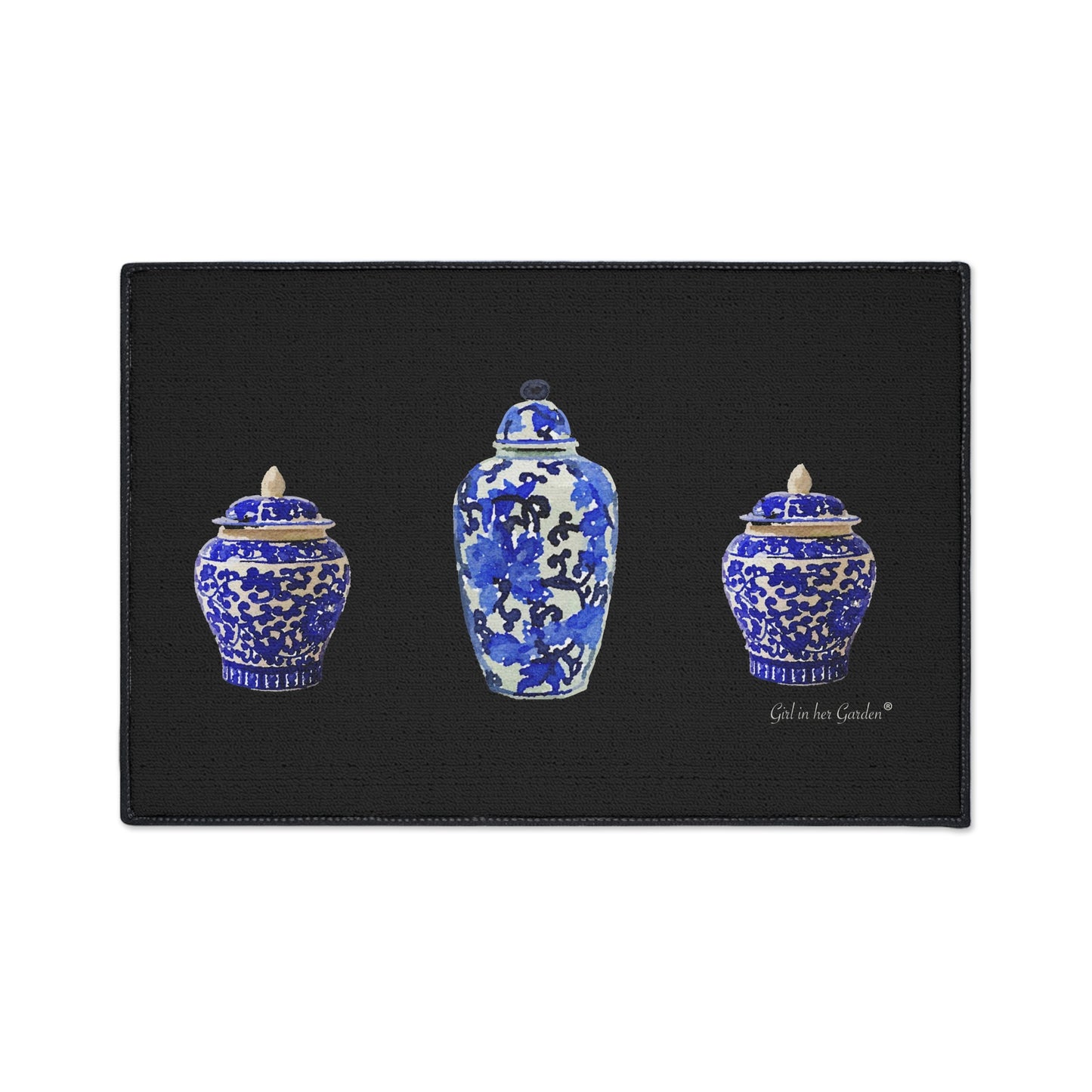 Heavy Duty Indoor Outdoor Rubber Floor Mat, Black Chinoiserie Vase