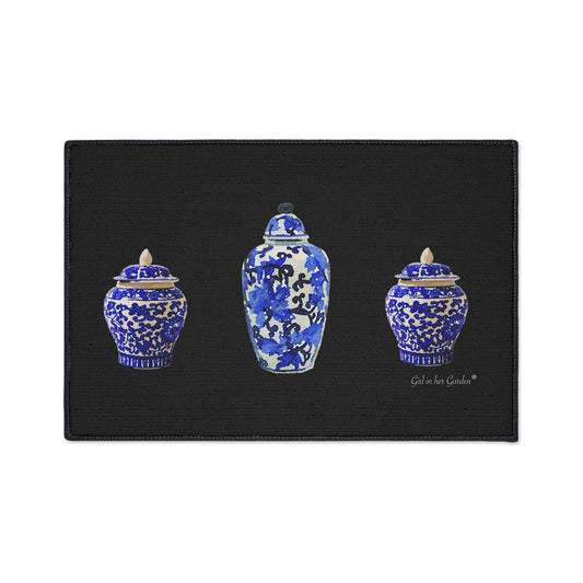 Heavy Duty Indoor Outdoor Rubber Floor Mat, Black Chinoiserie Vase