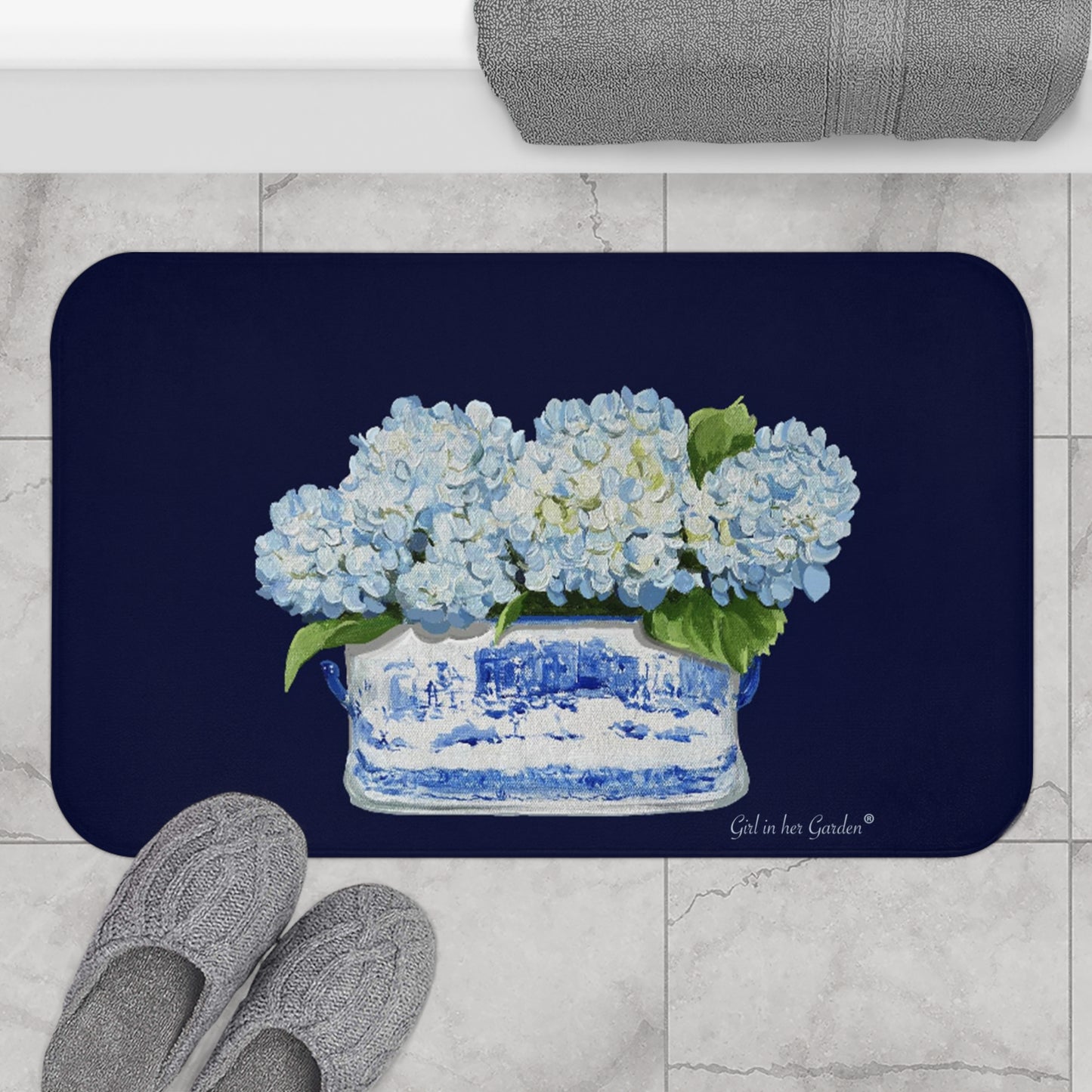 Kitchen, Bath Cushion Mat, Light Blue Hydrangea Planter
