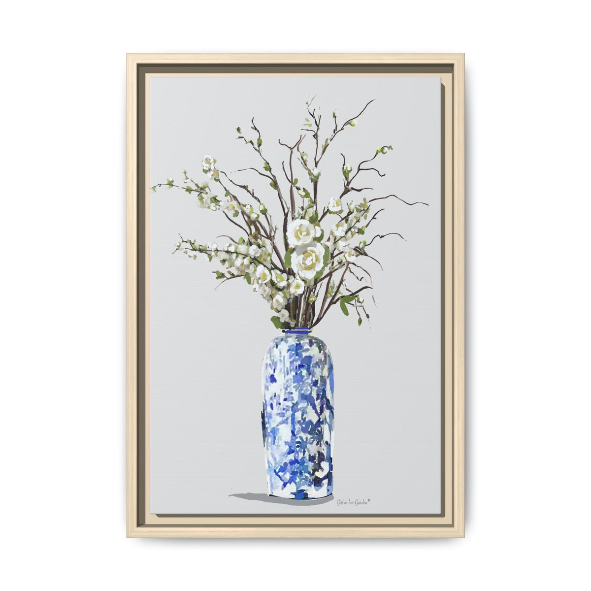 White Flowers Chinoiserie Vase, Framed Canvas