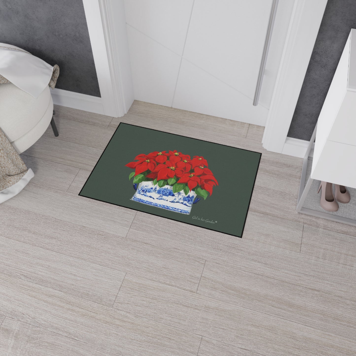 Green Christmas Poinsettias Rubber Floor Mat