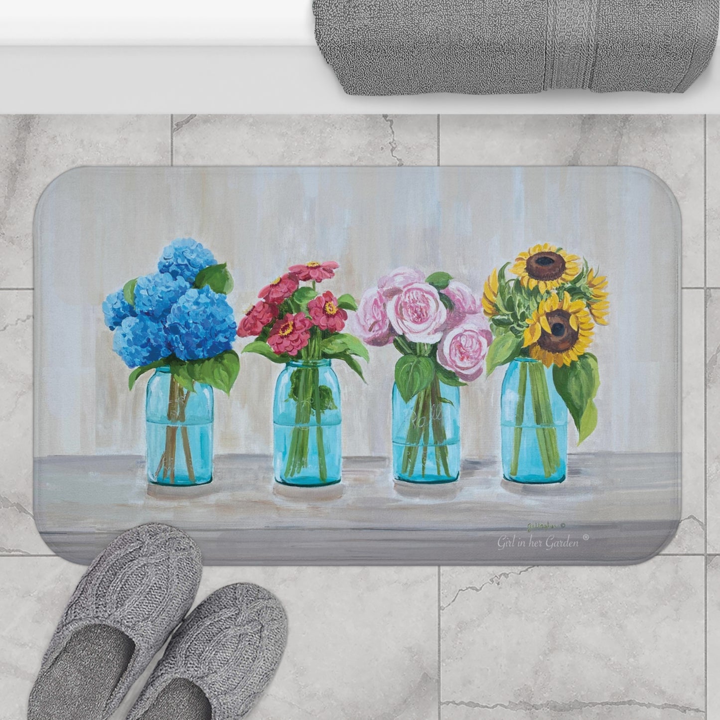Kitchen, Bath  Cushion Mat, Floral Mason Jars