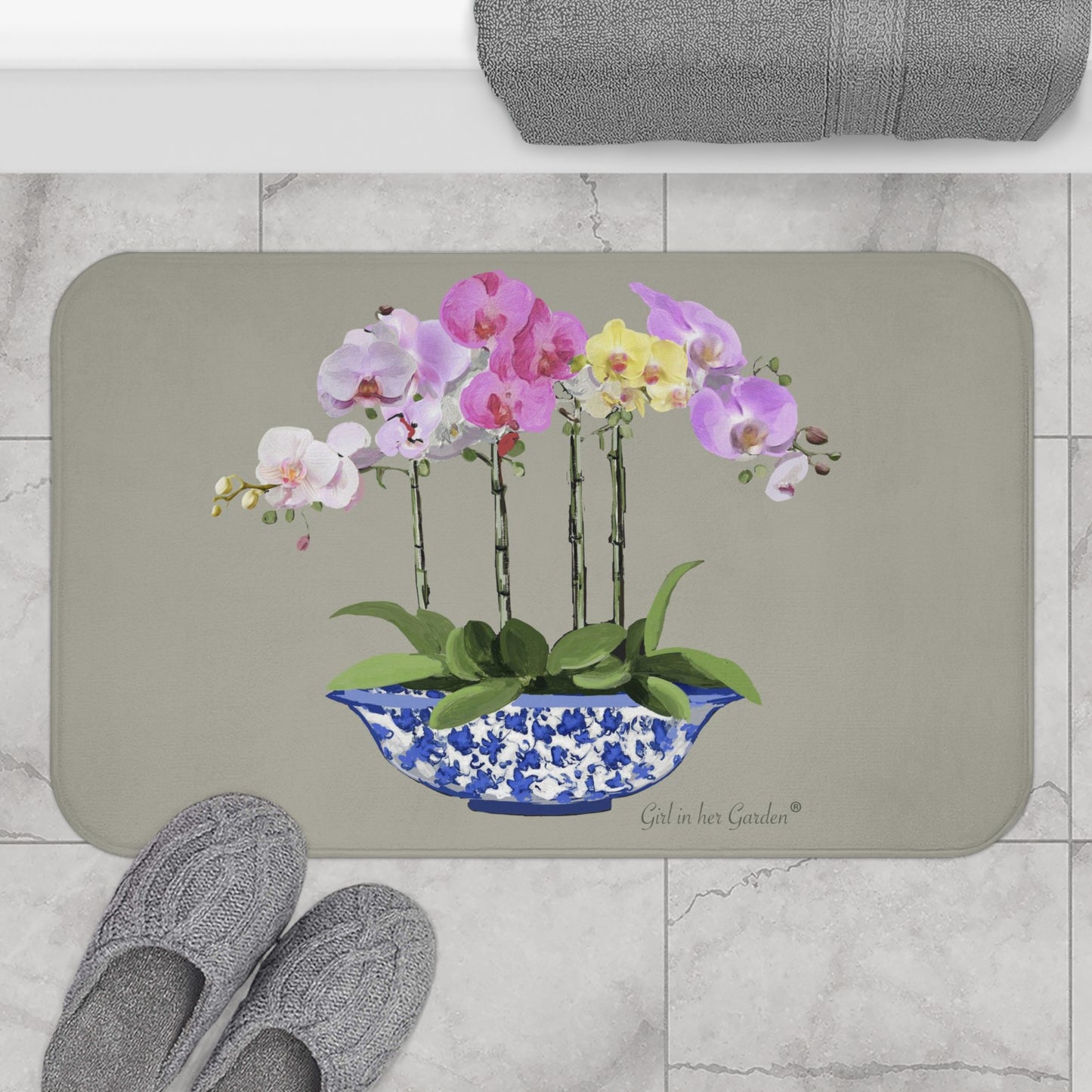 Kitchen, Bath  Cushion Mat, Beige Orchid Planter