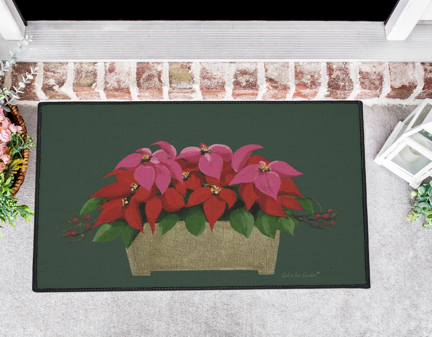 Pink & Red Poinsettias Rubber Floor Mat