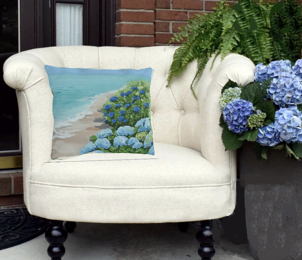 Hydrangeas on the Beach Outdoor Pillows