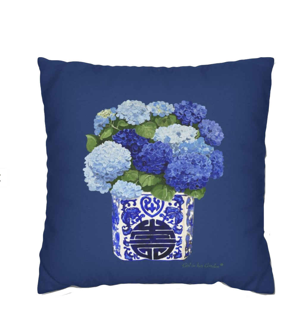 Blue Hydrangea Chinoiserie Navy Pillow, Pillow Cover