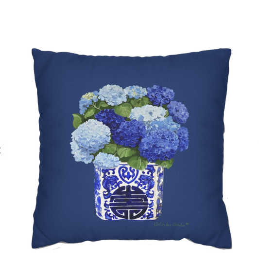 Blue Hydrangea Chinoiserie Navy Pillow, Pillow Cover