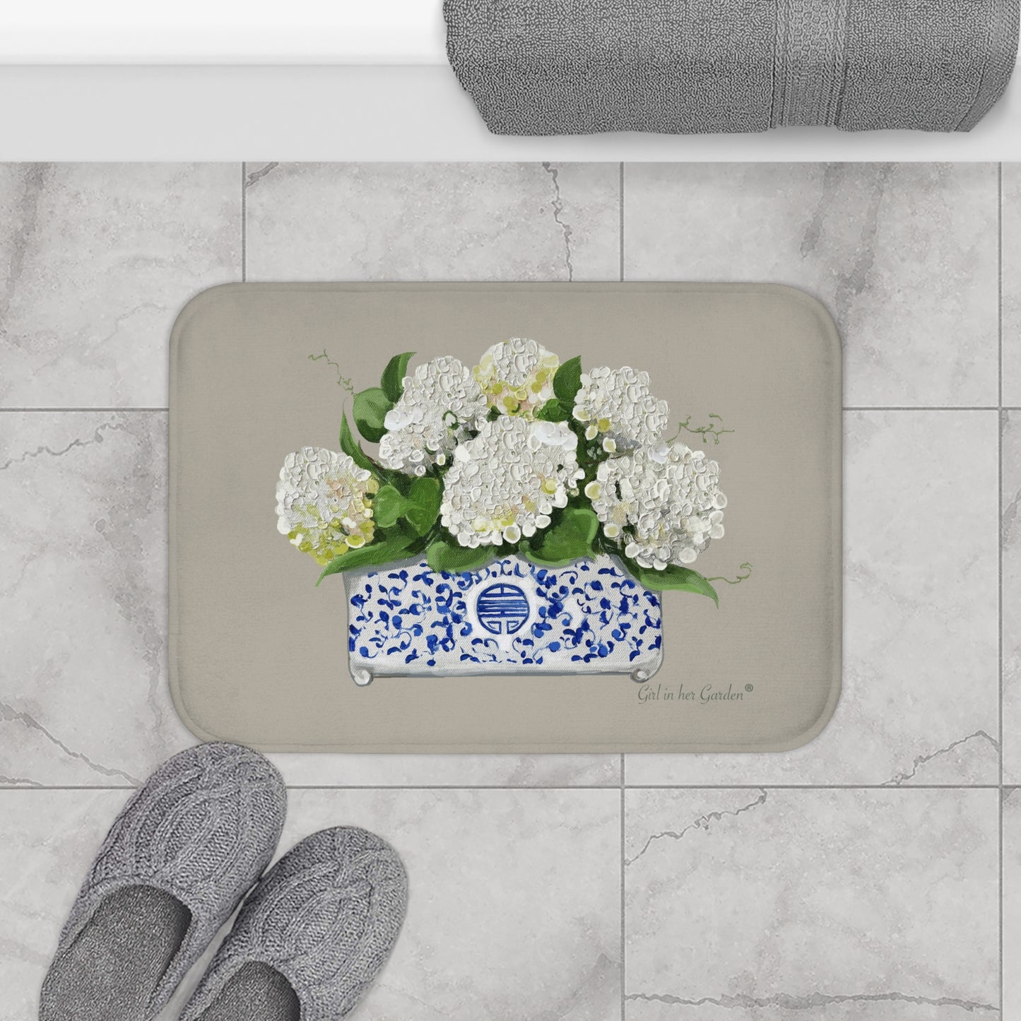 Kitchen, Bath  Cushion Mat - Beige Chinoiserie Planter with Hydrangeas