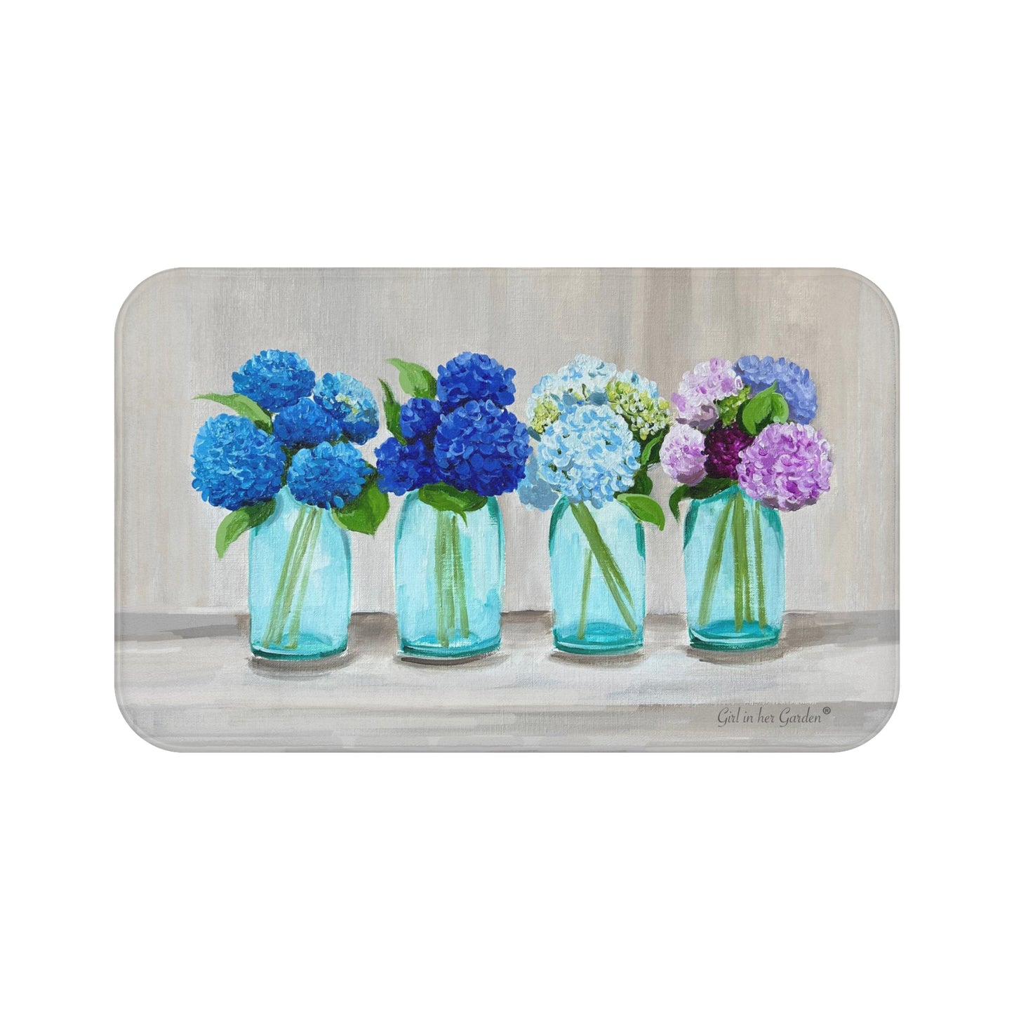 Kitchen, Bath  Cushion Mat, Hydrangeas in Mason Jars