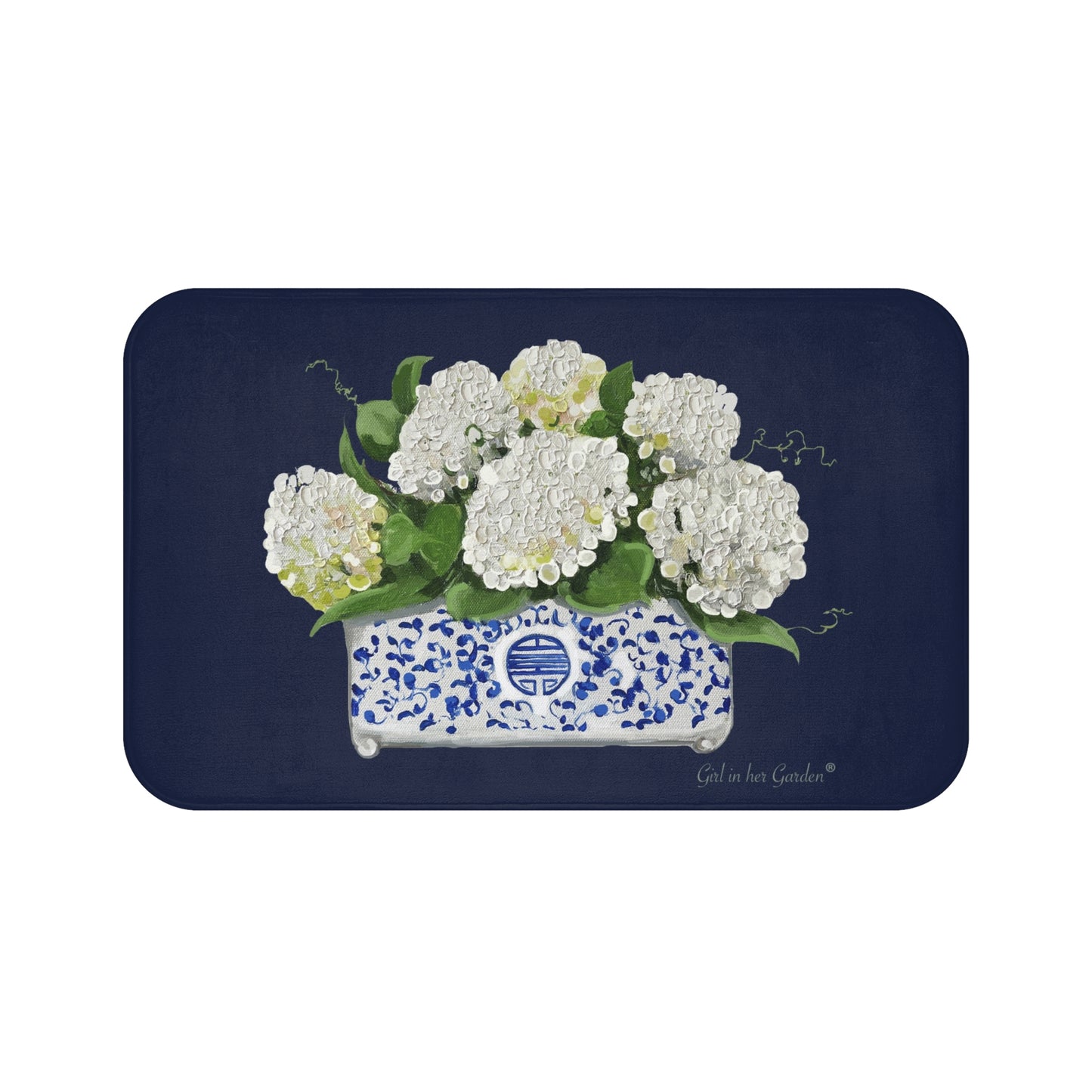 Decorative mat with white flowers in a blue pot on a navy background