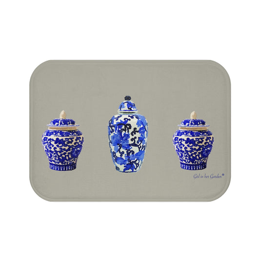 Kitchen Bath Cushion Mat, Beige Chinoiserie Vase