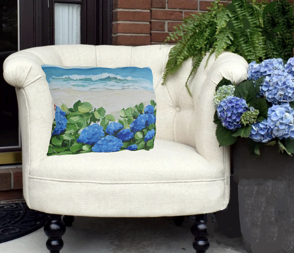 Blue Hydrangeas on the Beach Outdoor Pillows