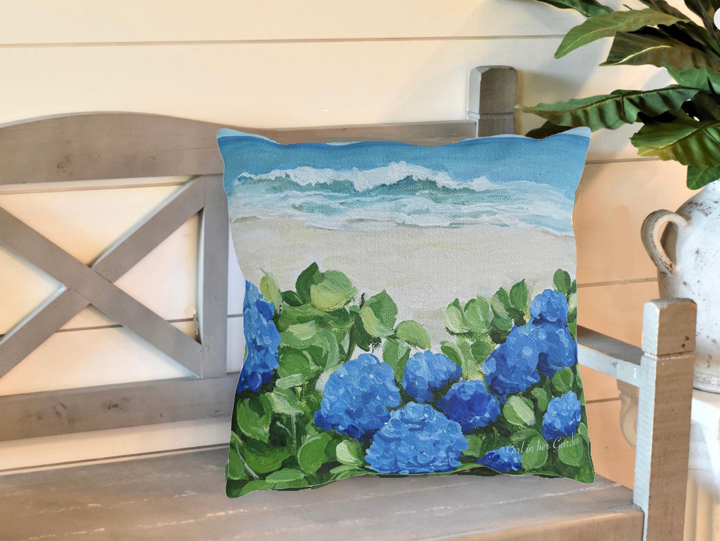 Blue Hydrangeas on the Beach Outdoor Pillows