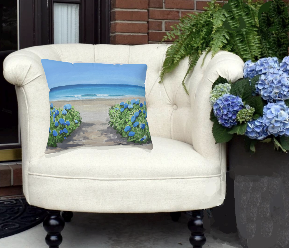 Beach Scene with Hydrangeas Outdoor Pillow
