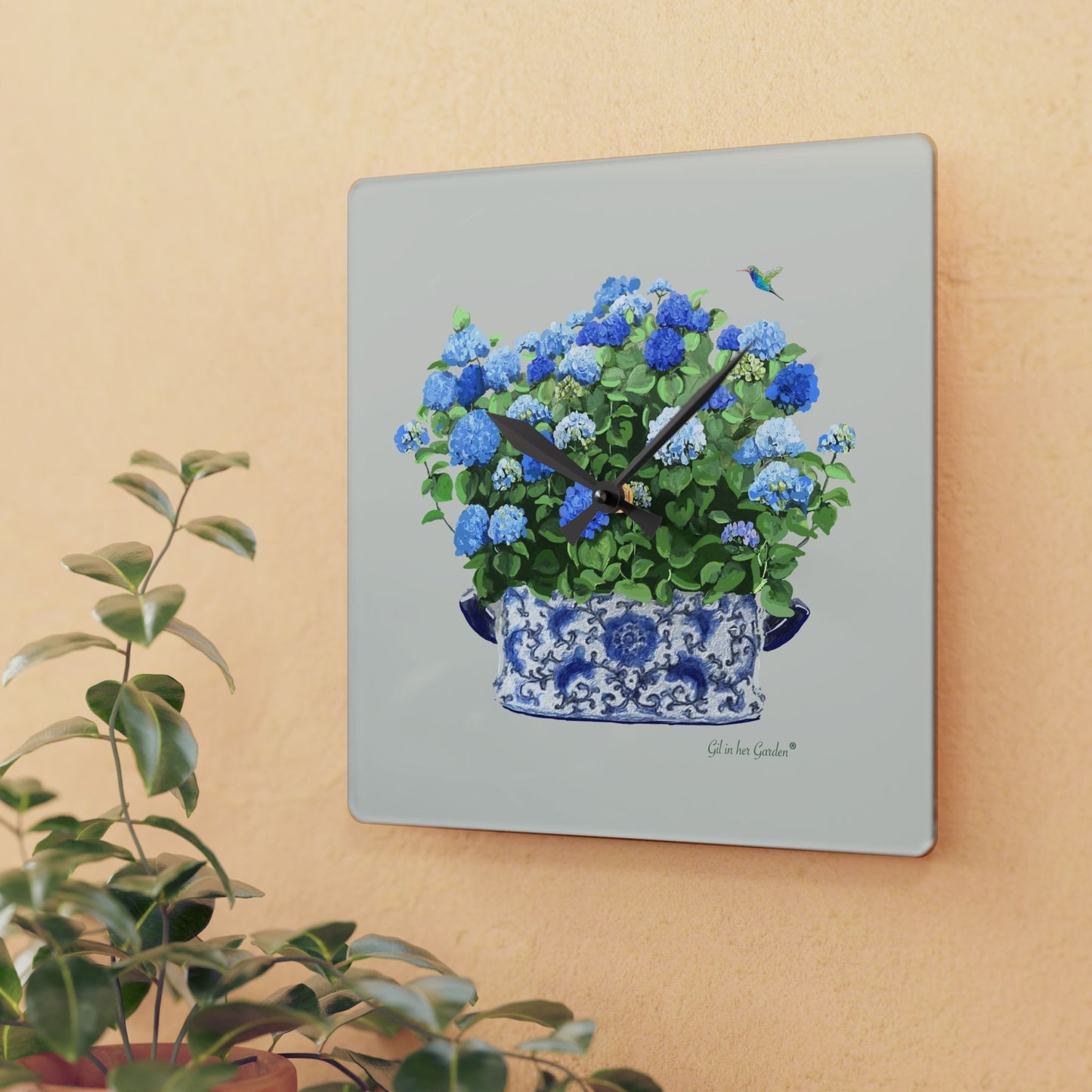 Blue Hydrangeas Chinoiserie Wall Clock