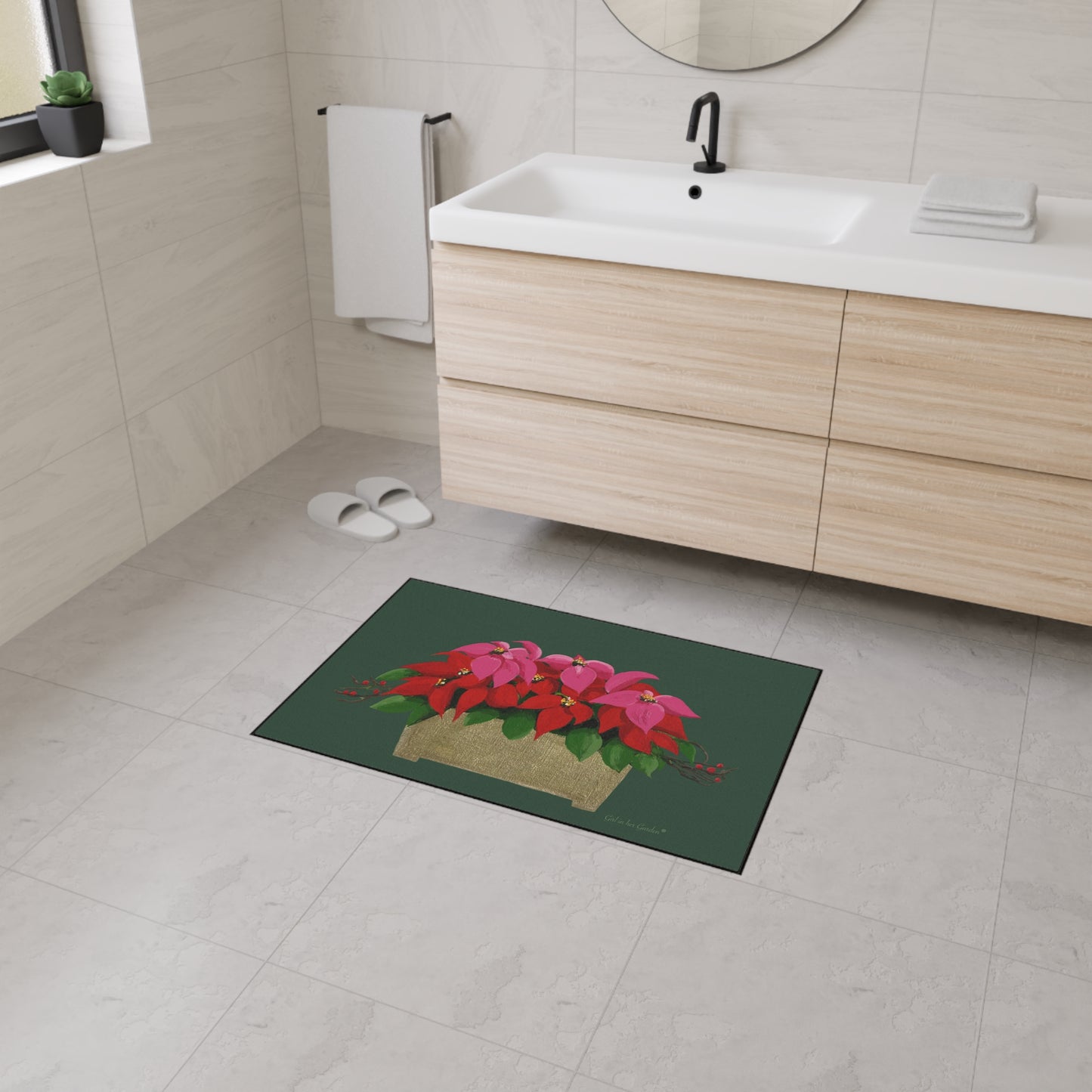 Pink & Red Poinsettias Rubber Floor Mat