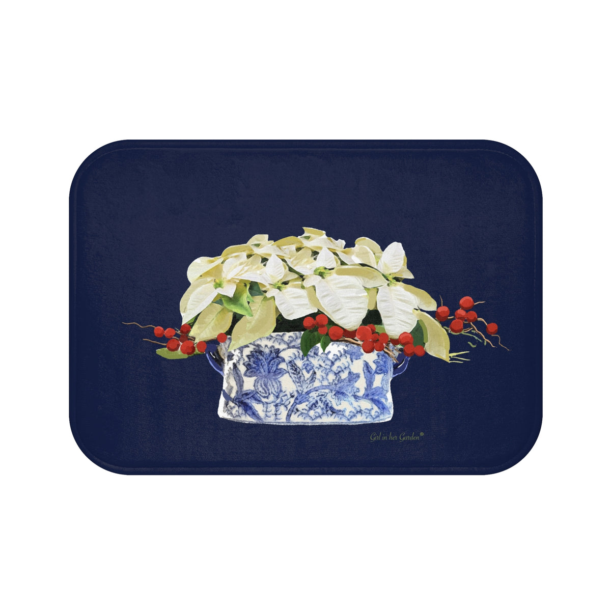 White Poinsettias Chinoiserie KItchen & Bath Cushion Mat