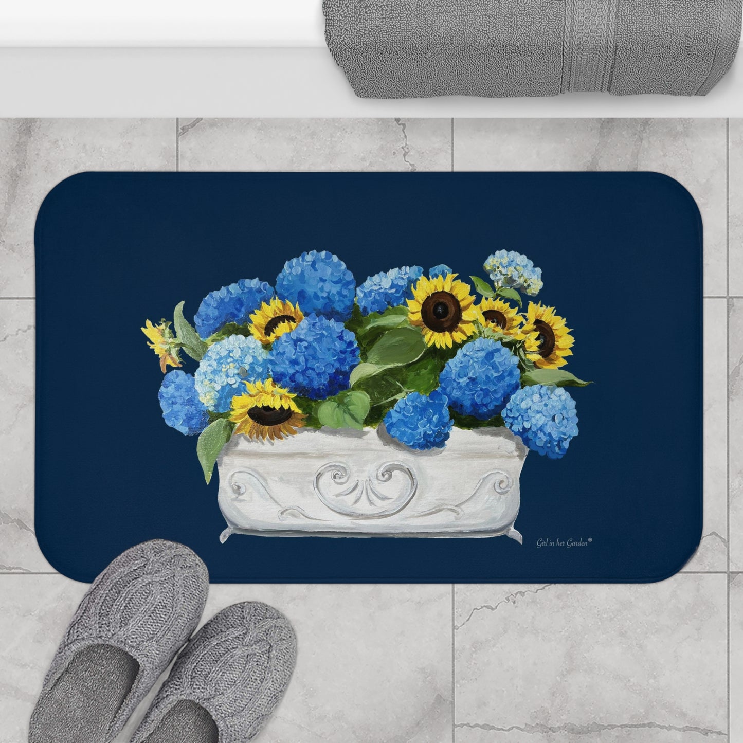 Kitchen, Bath  Cushion Mat, Navy Sunflowers & Hydrangeas Planter