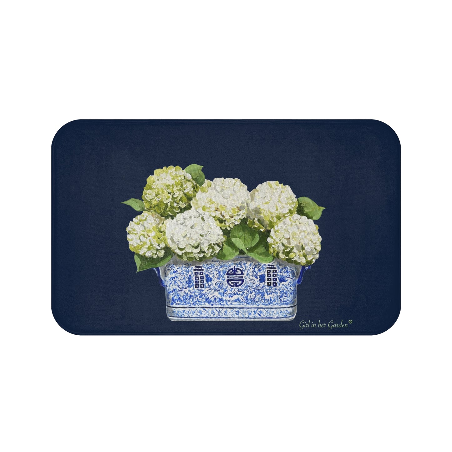 Kitchen, Bath Cushion Mat Navy Blue White Hydrangea Planter