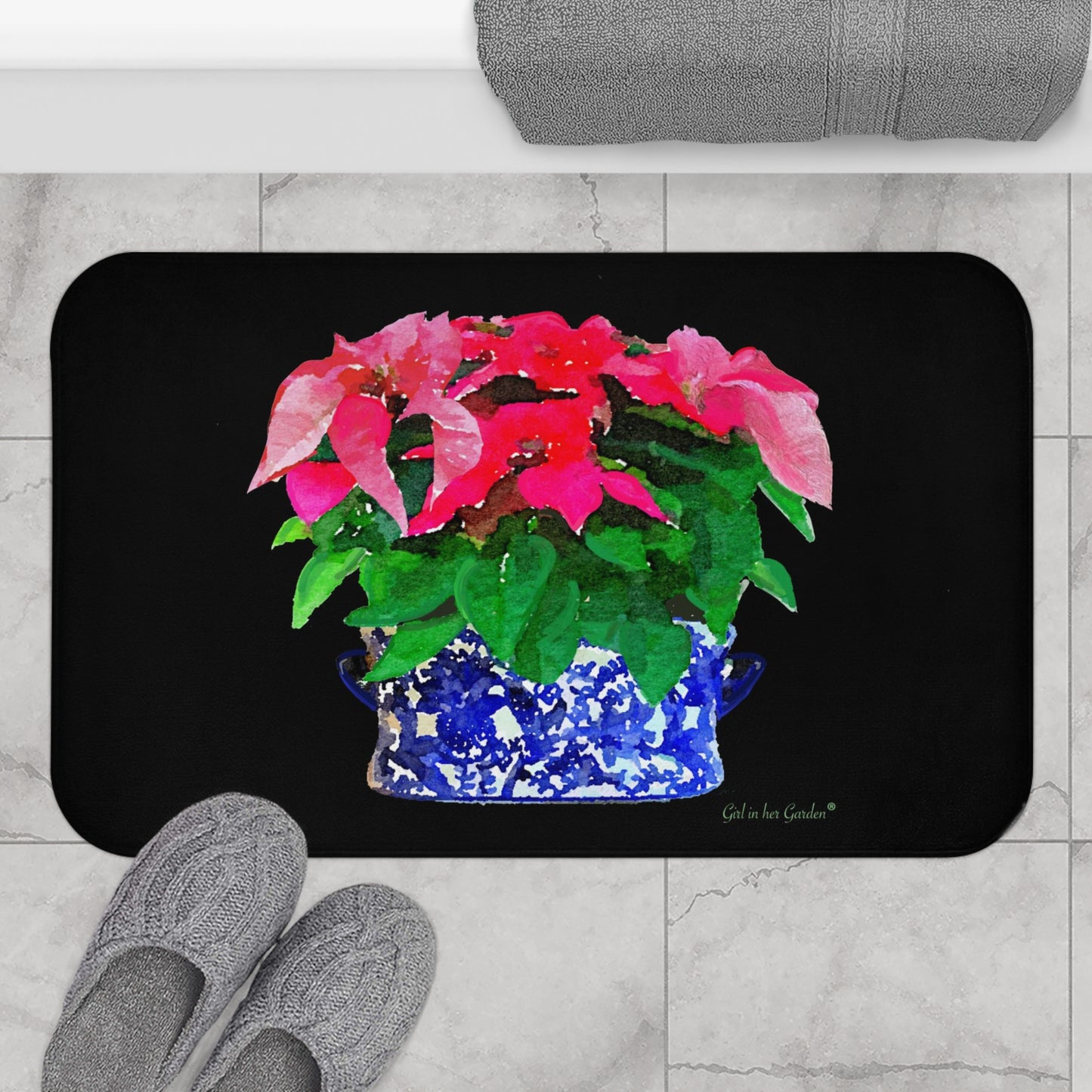 Kitchen, Bath Cushion Mat, Watercolor Poinsettias