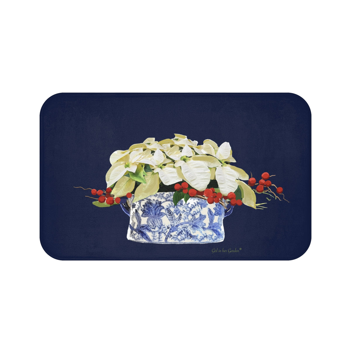 White Poinsettias Chinoiserie KItchen & Bath Cushion Mat