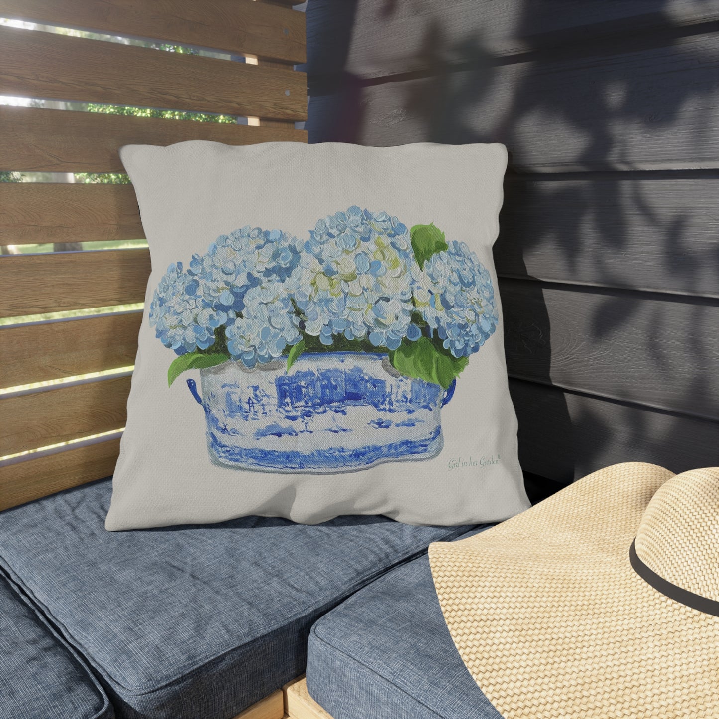 Light Blue Hydrangeas Chinoiserie Planter Outdoor Pillow, Pillow Cover