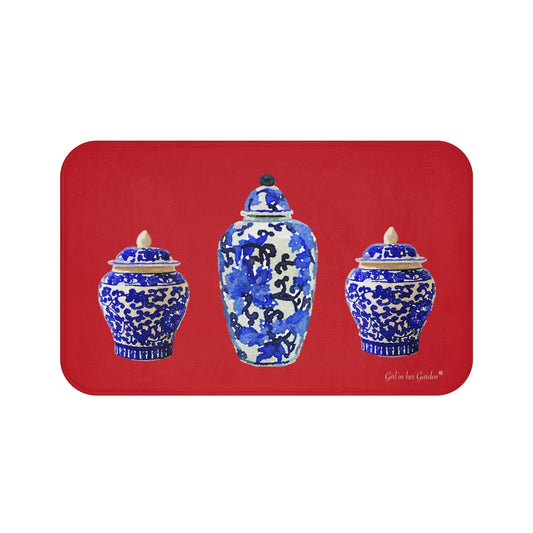 Kitchen, Bath Cushion Mat, Red Chinoiserie Vase