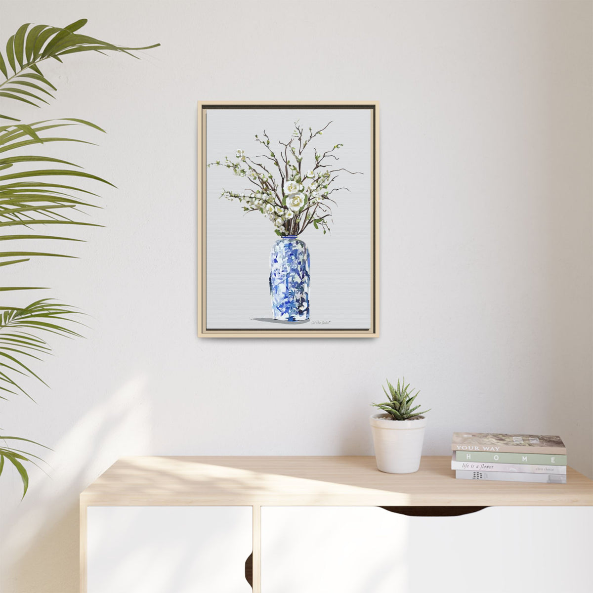 White Flowers Chinoiserie Vase, Framed Canvas