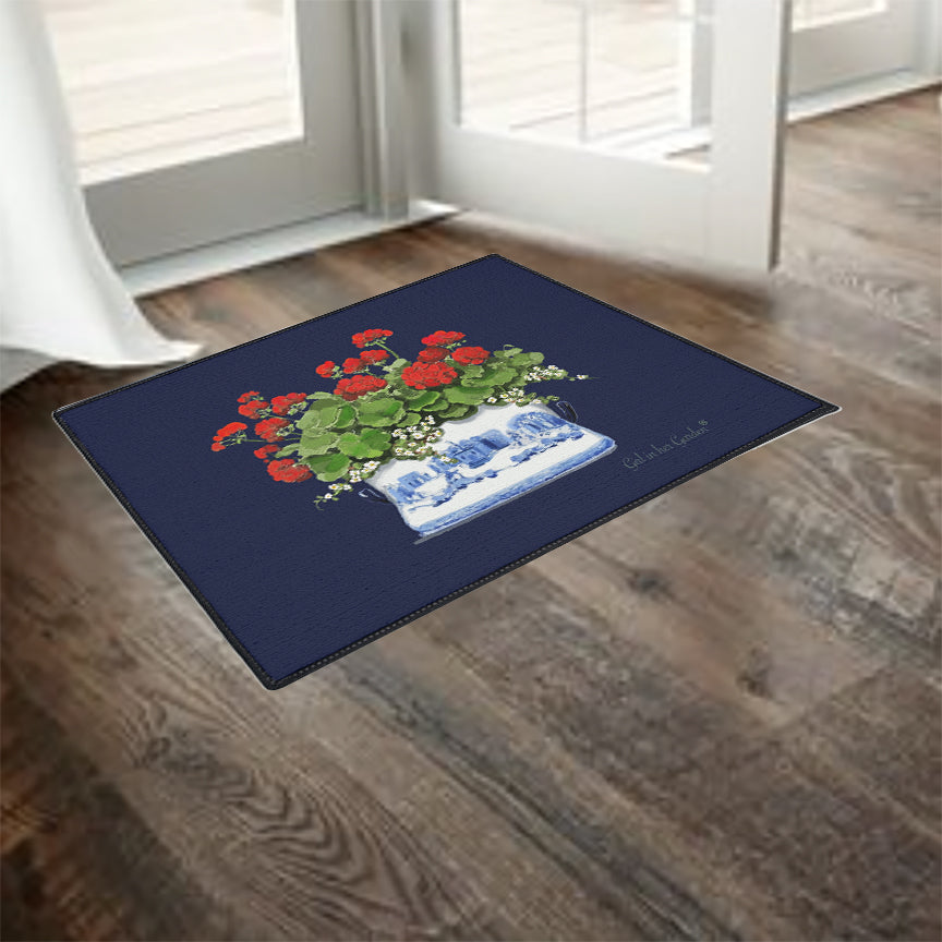 Red Geraniums Navy Chinoiserie Rubber Floor Mat