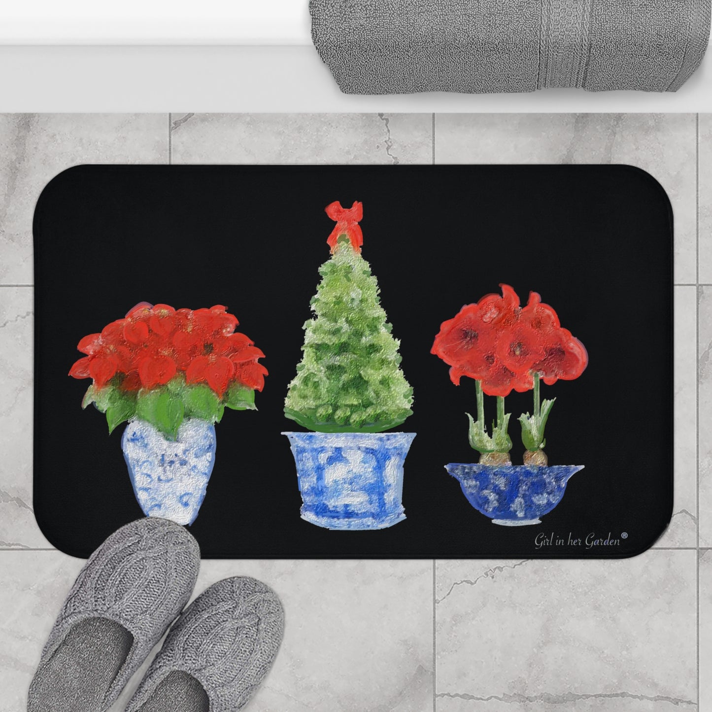 Kitchen, Bath Cushion Mat, Christmas Trio Black