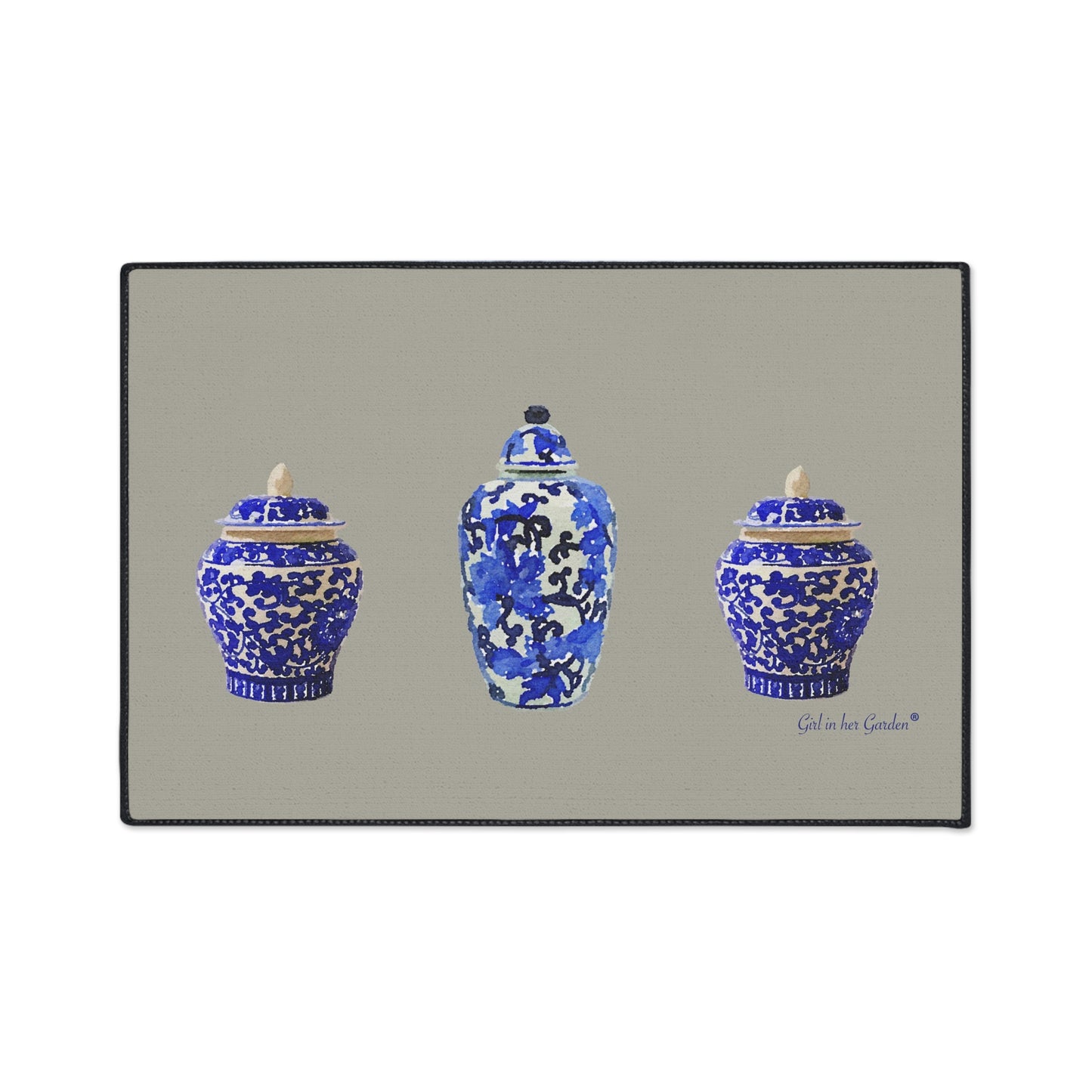 Heavy Duty Indoor Outdoor Rubber Floor Mat, Beige Chinoiserie Vase