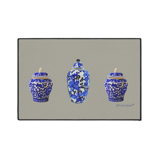 Heavy Duty Indoor Outdoor Rubber Floor Mat, Beige Chinoiserie Vase