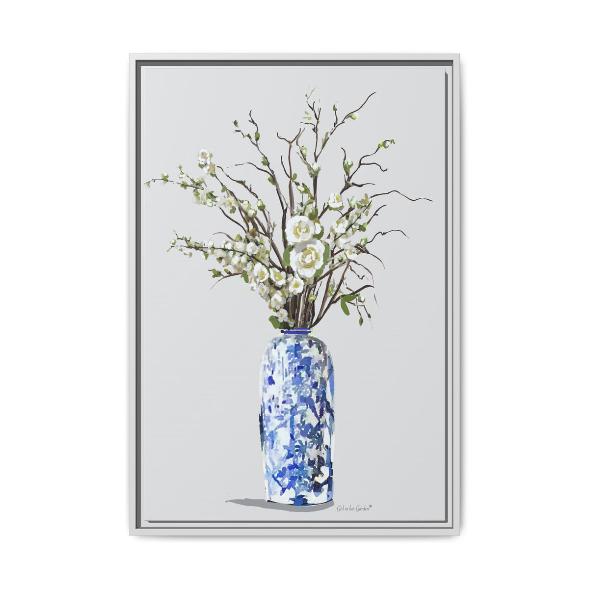 White Flowers Chinoiserie Vase, Framed Canvas