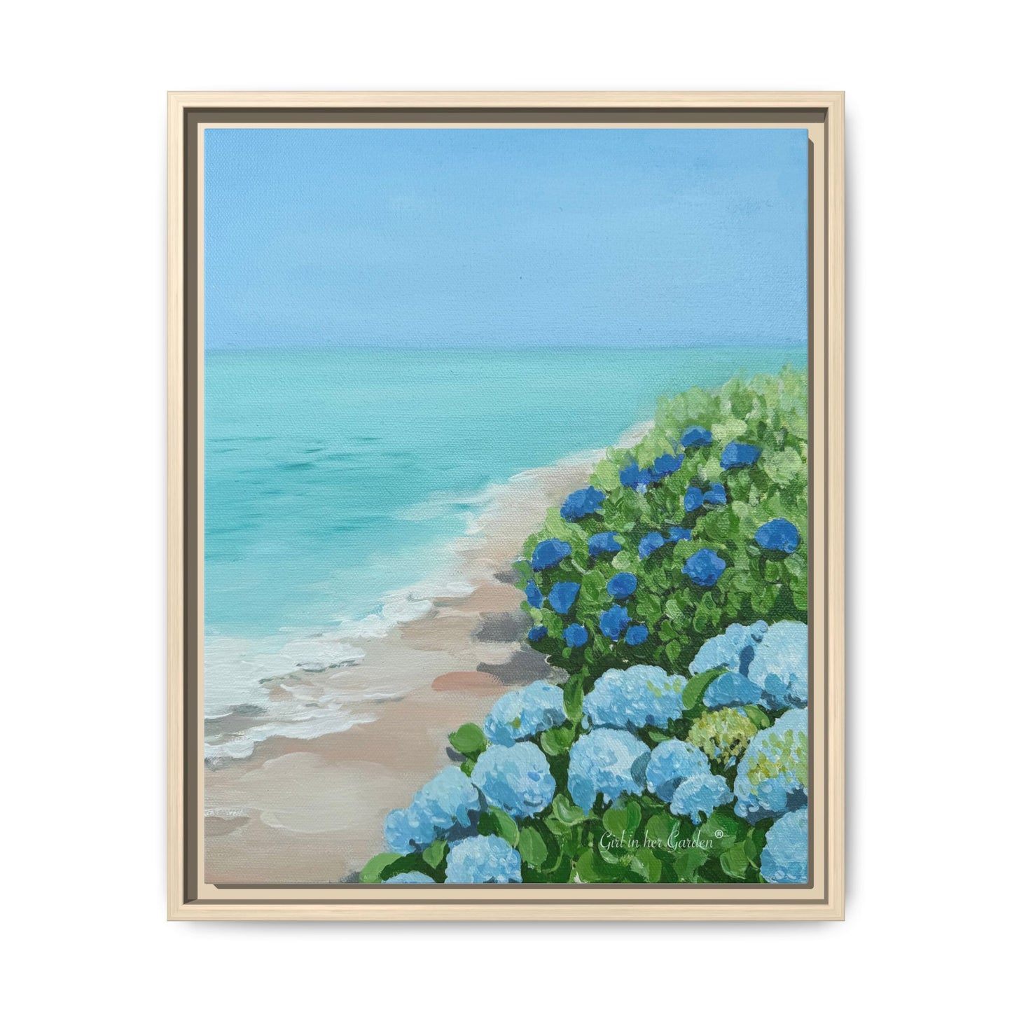 Hydrangeas by The Sea Framed Canvas Print