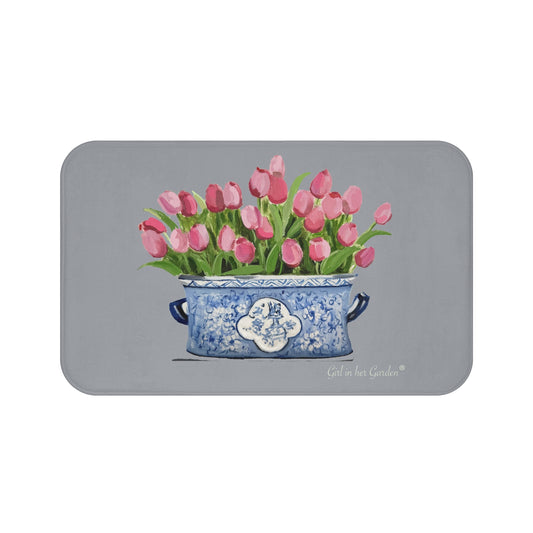 Kitchen, Bath Cushion Mat, Grey Tulips Chinoiserie Planter