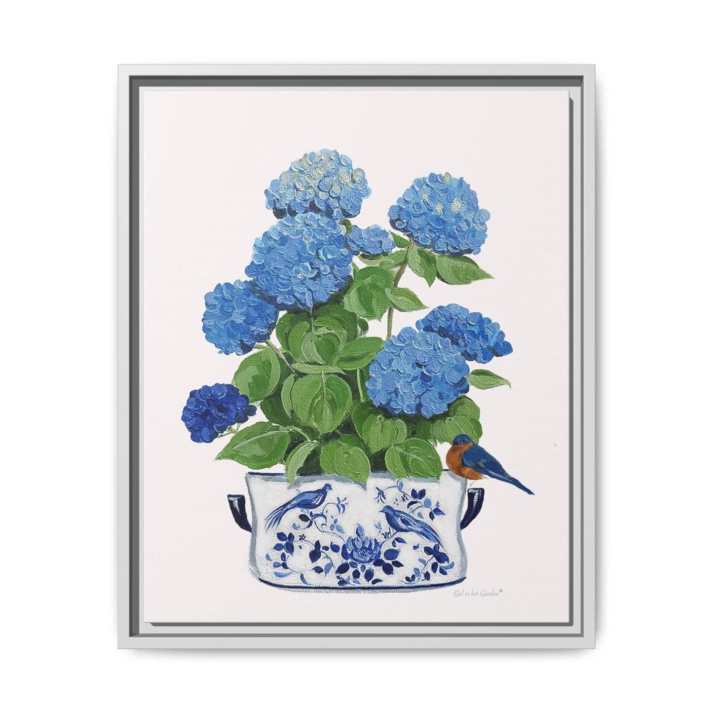 Blue Hydrangea & Songbirds Canvas Print