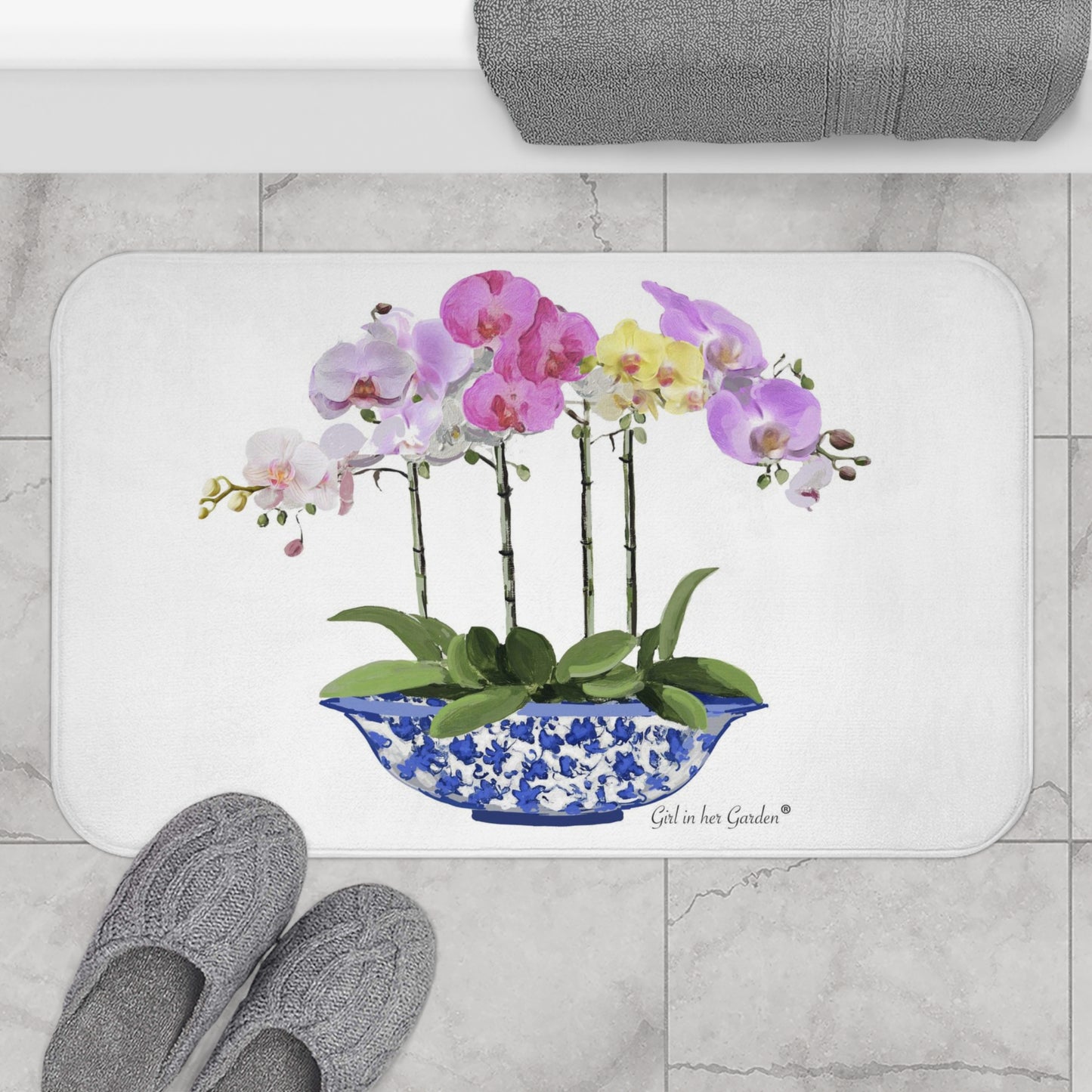 Kitchen Bath Cushion Mat, White Orchid Planter