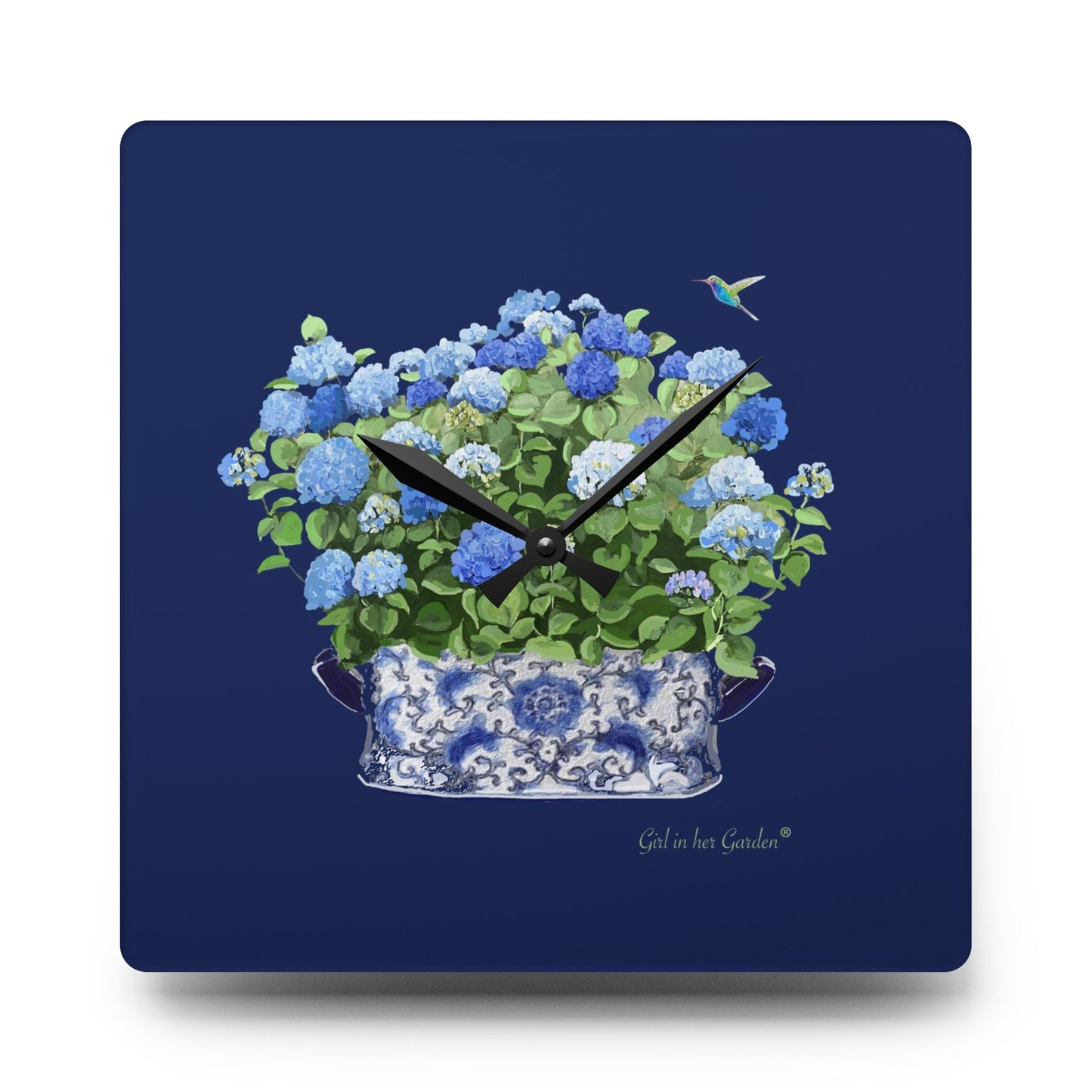 Navy Blue Hydrangea Wall Clock