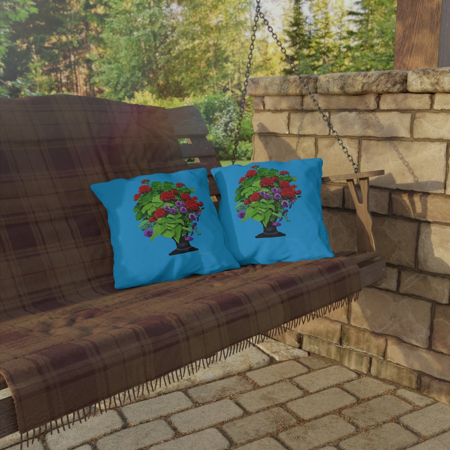 Blue background Red Geraniums Planter  Outdoor Pillows