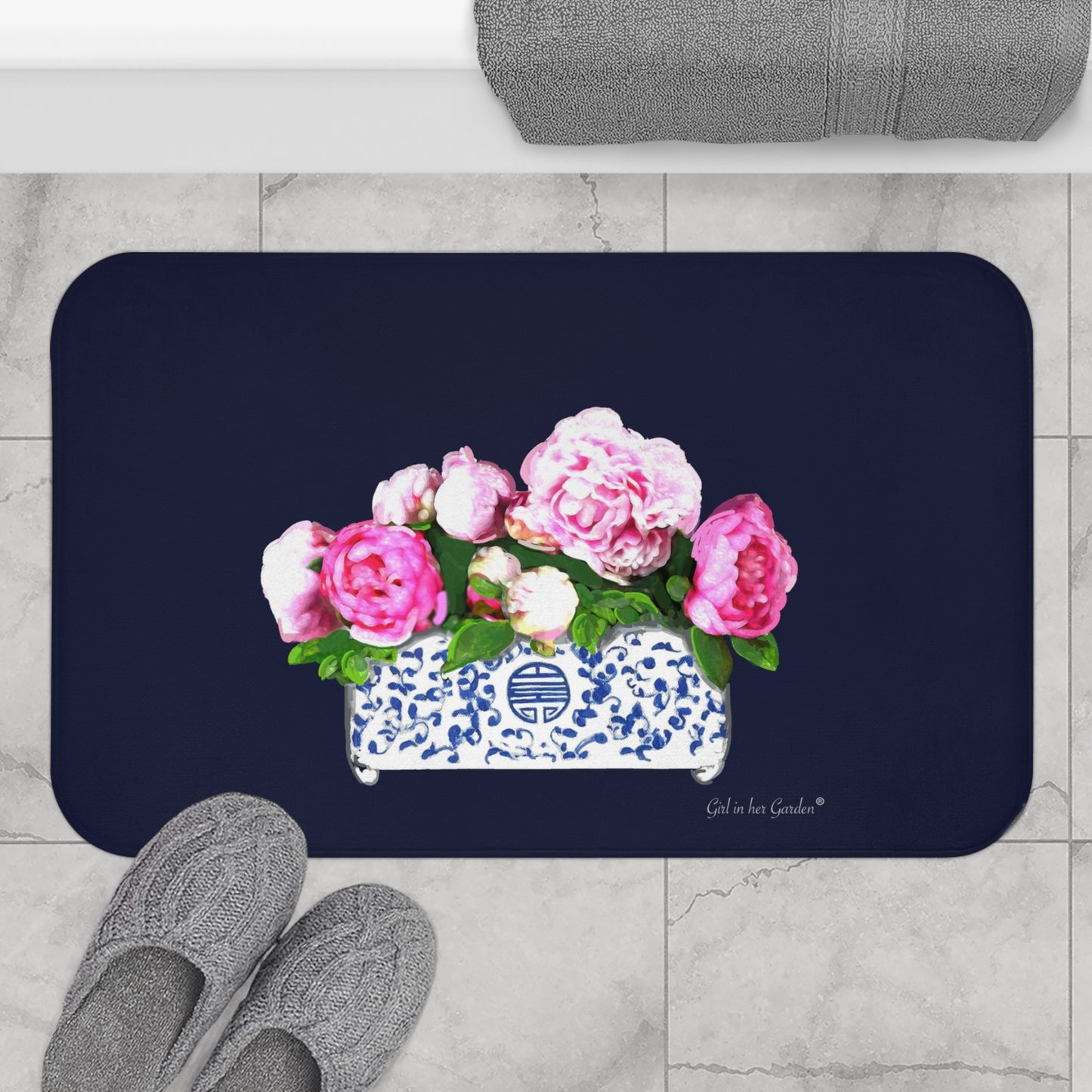 Navy Peonies Kitchen & Bath Mat