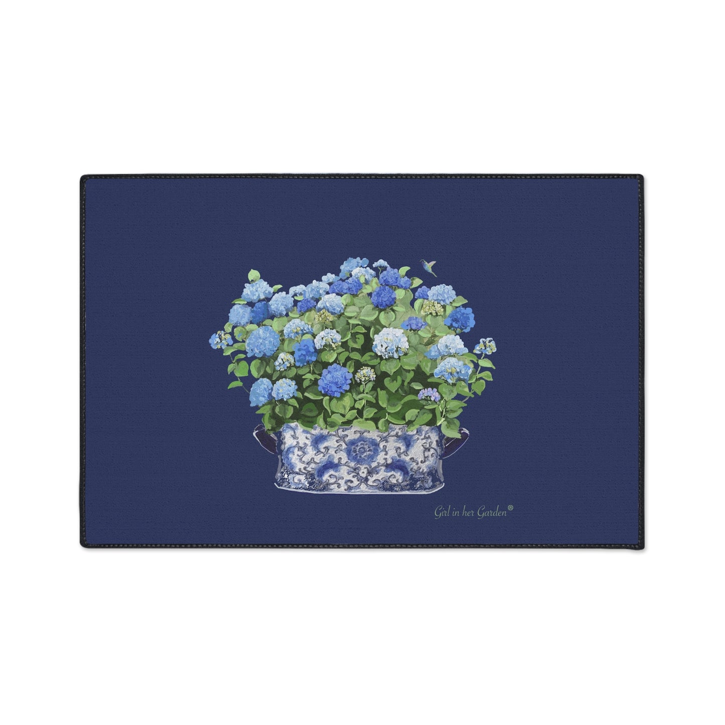 Navy Hydrangea Chinoiserie Foot Planter 11 Rubber Floor Mat