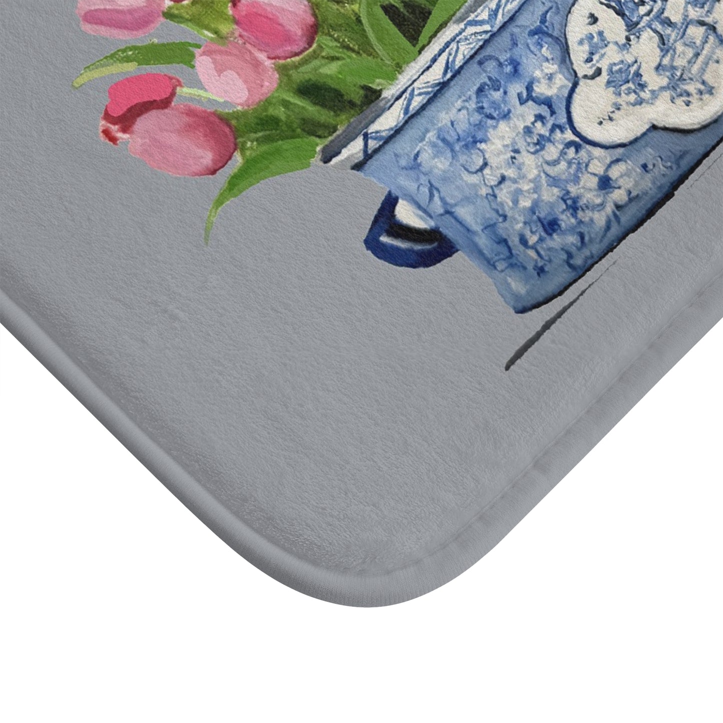 Kitchen, Bath Cushion Mat, Grey Tulips Chinoiserie Planter