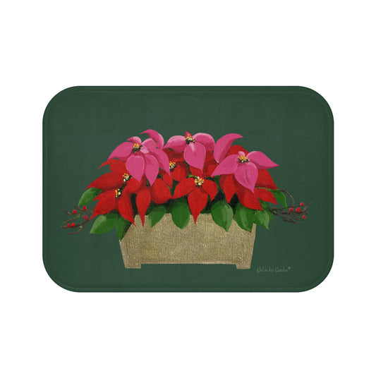 Kitchen, Bath Cushion Mat, Pink & Red Poinsettias Gold Planter