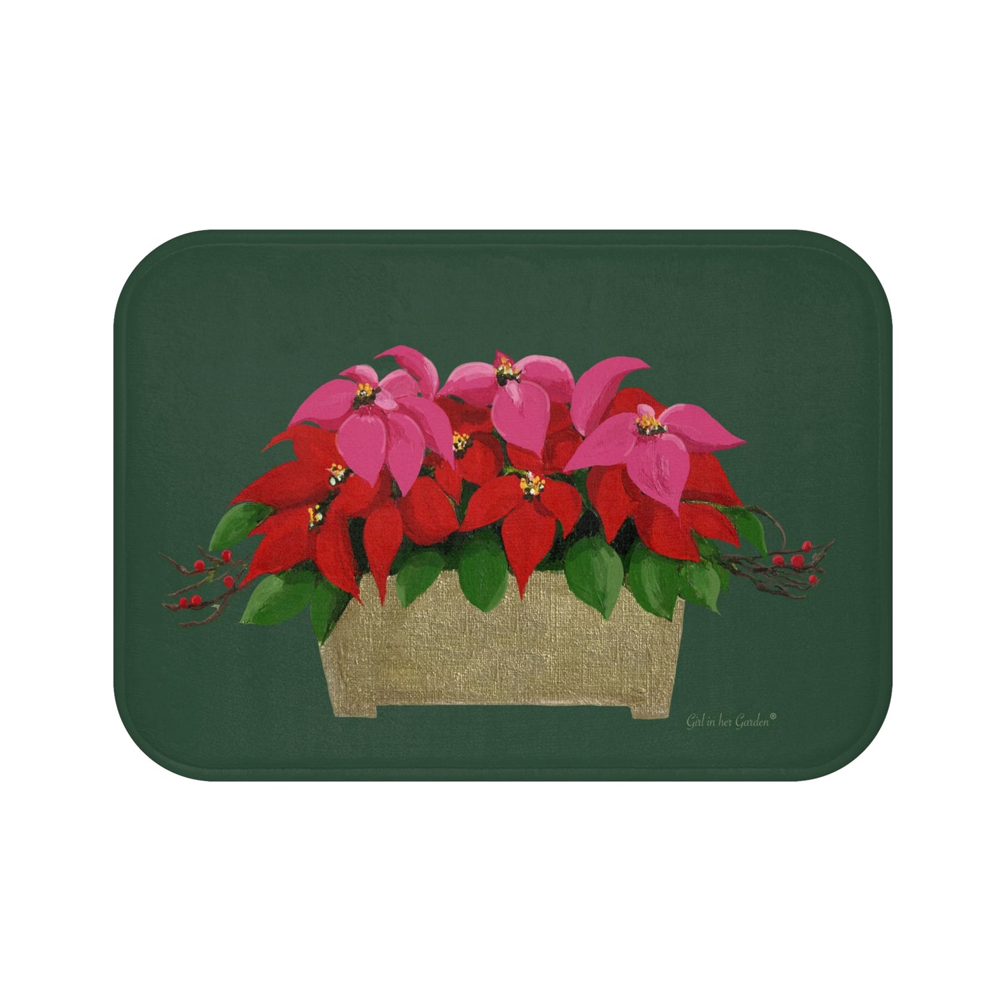 Kitchen, Bath Cushion Mat, Pink & Red Poinsettias Gold Planter