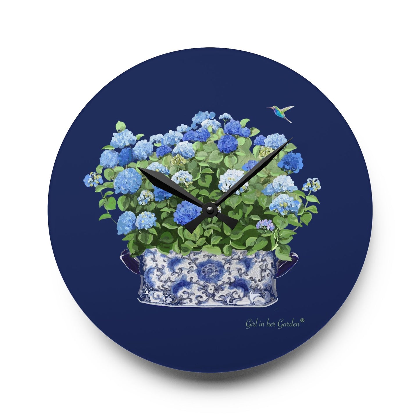 Navy Blue Hydrangea Wall Clock