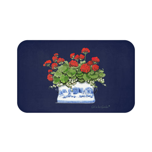 Red Geraniums Navy Chinoiserie Kitchen & Cushion Bath Mat