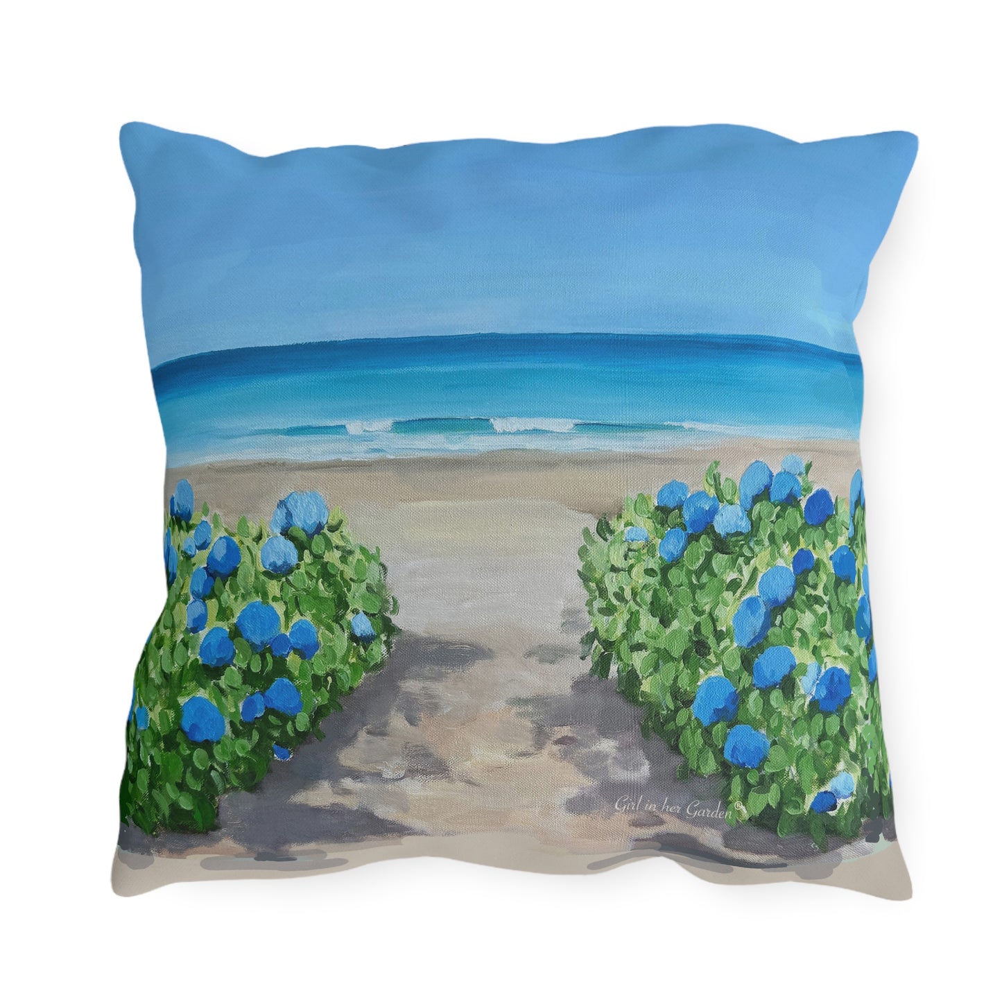 Beach Scene with Hydrangeas Outdoor Pillow