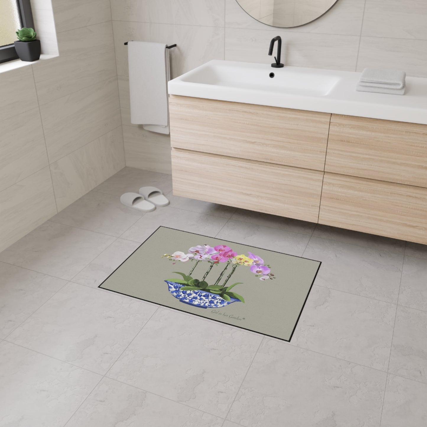 Beige Orchid Planter Rubber FLoor Mat