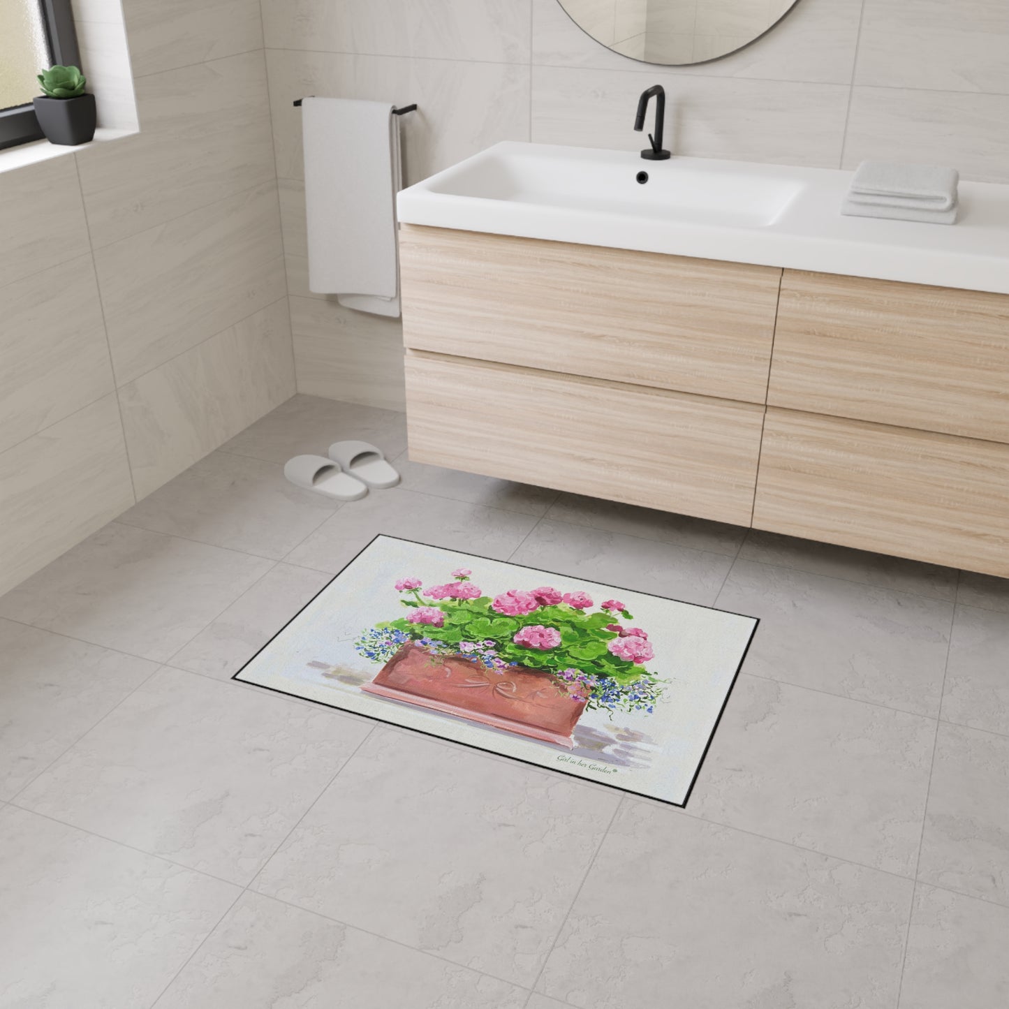 Painted Pink Geraniums Rubber Floor Mat